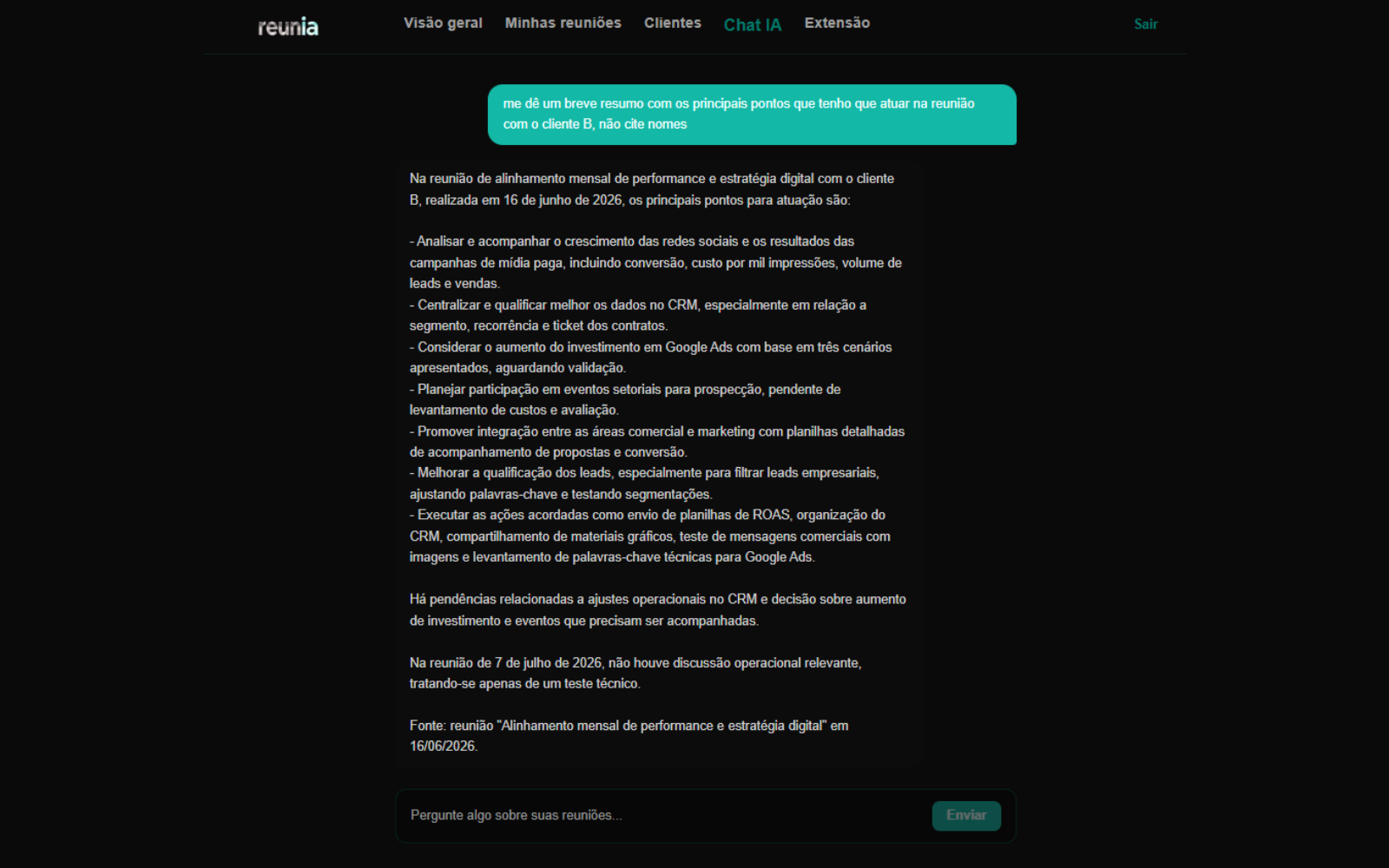 Chat IA respondendo perguntas sobre as reuniões