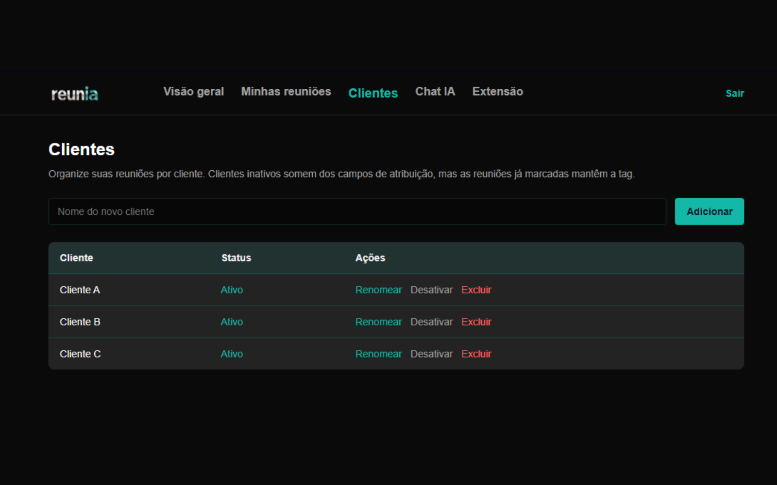 Página de gestão de clientes da reunia