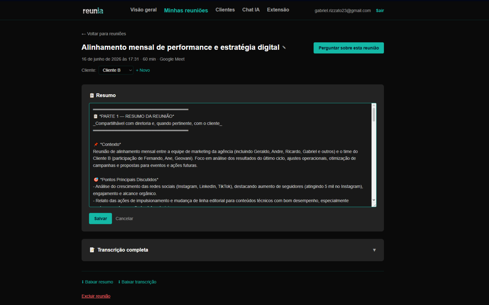 Detalhe de uma reunião com resumo editável