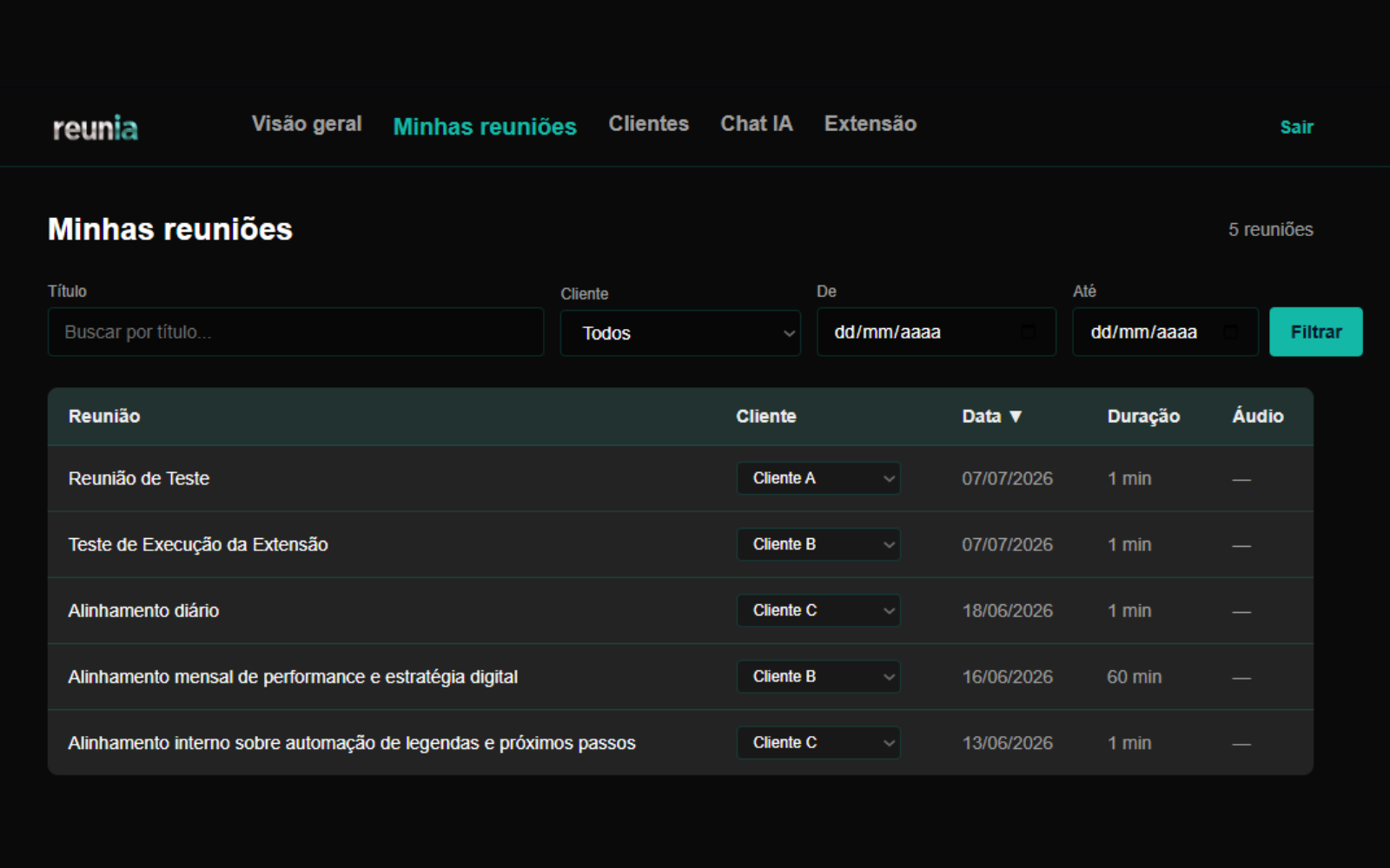 Lista de reuniões com filtros por cliente e período